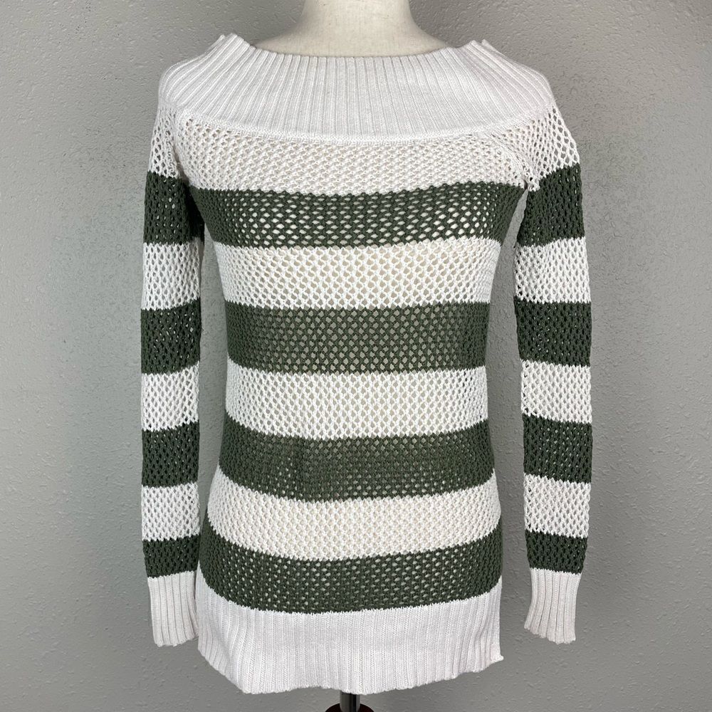 Aerie Green and White Striped Loose Knit Sweater Size XS EUC